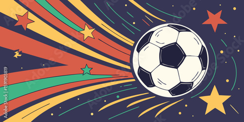 An abstract background featuring a glowing soccer ball floating in a cosmic void, with stars and nebulae faintly visible.