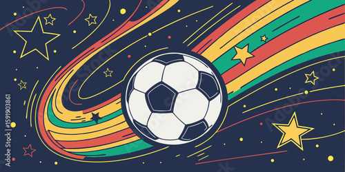An abstract background featuring a glowing soccer ball floating in a cosmic void, with stars and nebulae faintly visible.