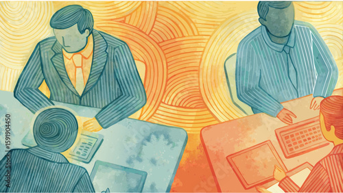 Illustration of two business meetings happening simultaneously with abstract background