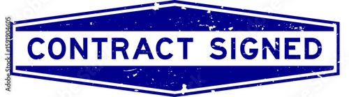 Grunge blue contract signed word hexagon seal stamp on white background