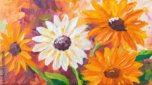 A vibrant painting of rudbeckia flowers in full bloom with orange and white petals displayed beautifully