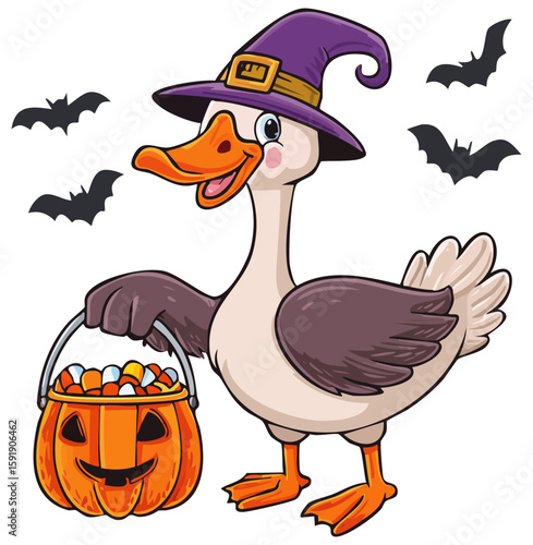 Cartoon goose dressed up as witch and trick or treating, isolated 
