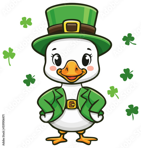 Cartoon white goose dressed up as a Leprechaun for St. Patrick's Day surrounded by shamrocks