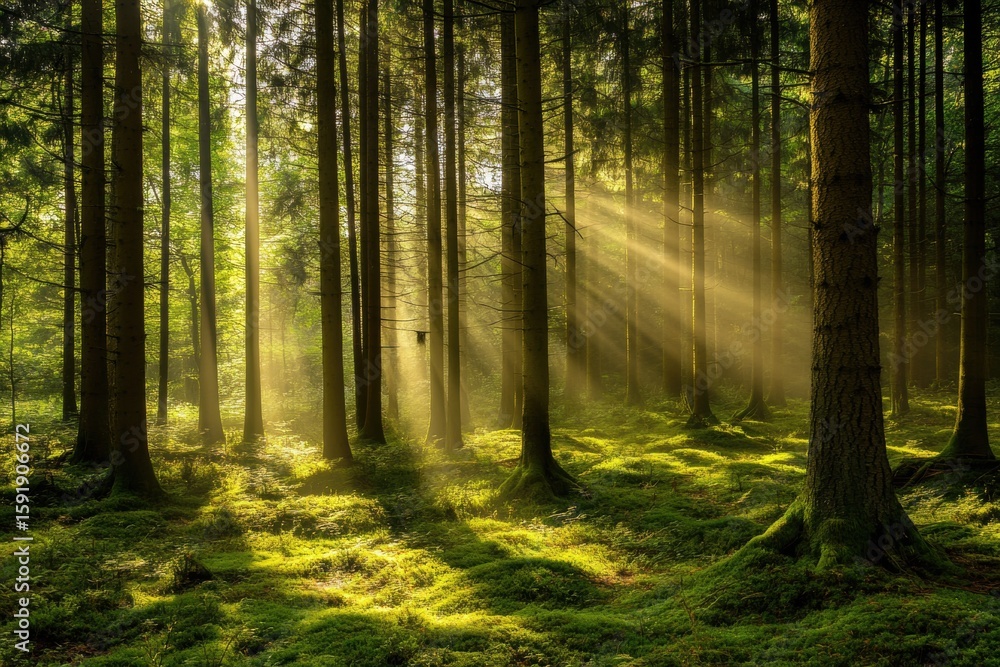 Naklejka premium Forest with golden light streaming through trees