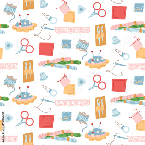 Pattern of sewing items. Needle cushion, ribbon, patches, thread, needles, scissors. Seamless flat color texture. Used for packaging, branding of sewing store, network of tailors, and handmade sewing