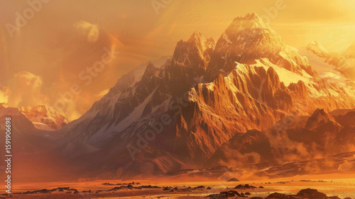 Mountain Peaks with Golden Hue, Generative AI Illustration