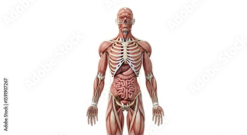 Anatomical Illustration: Human Muscular and Skeletal System on White Background