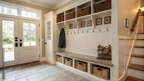 Mudroom Entryway with Built-In Bench and Storage Hooks