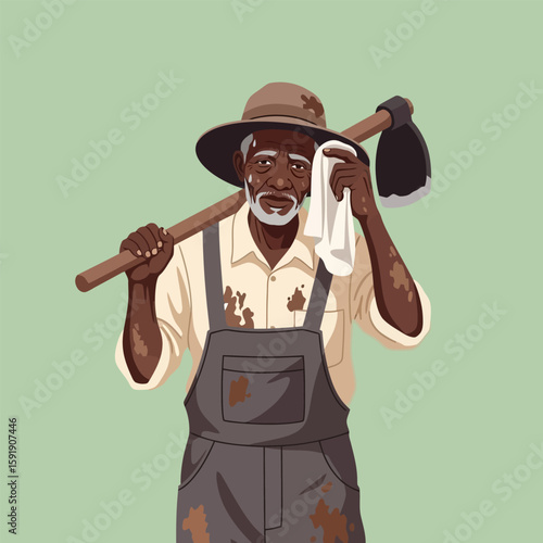 Tired Old Man Wiping Sweat Holding Hoe on Shoulder in Overalls