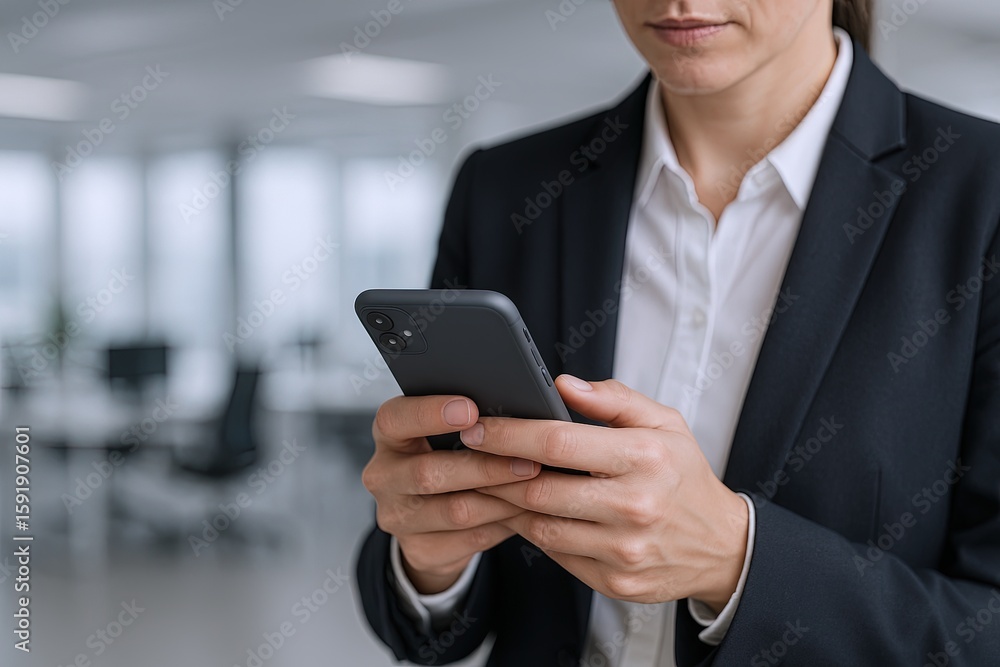 Businesswoman in formal suit using smartphone in modern office environment with large windows. Businesswoman in formal suit using smartphone in modern office environment with large windows.