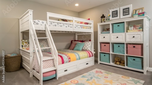 Kids Bedroom with White Bunk Bed and Toy Storage Bins