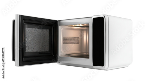 Open microwave oven appliance showcasing interior features for cooking and reheating food in a modern kitchen