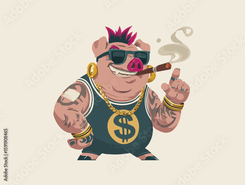 Cool cartoon pig with mohawk, sunglasses, cigar, and gold chains in bold urban street style.