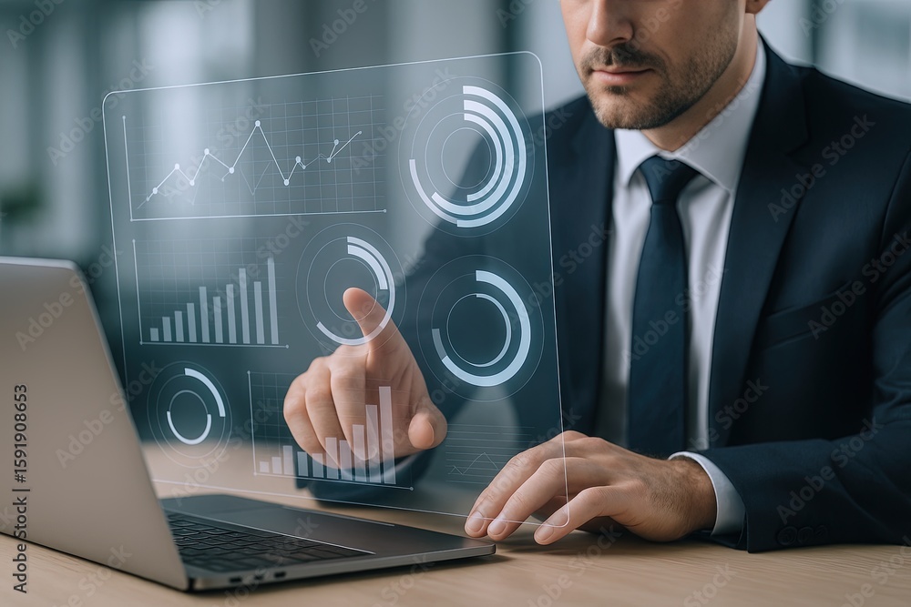 Businessman in formal suit interacting with futuristic transparent digital hologram data visualization on laptop screen. Businessman in formal suit interacting with futuristic transparent digital hologram data visualization on laptop screen.
