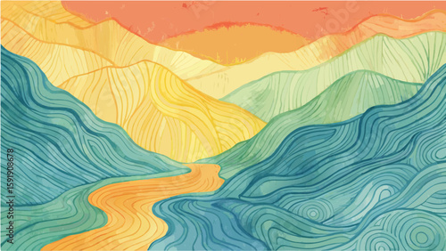 Watercolor painting of a landscape with mountains river and sunset in shades of orange green and yellow