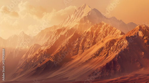 Mountain Peaks with Golden Hue, Generative AI Illustration