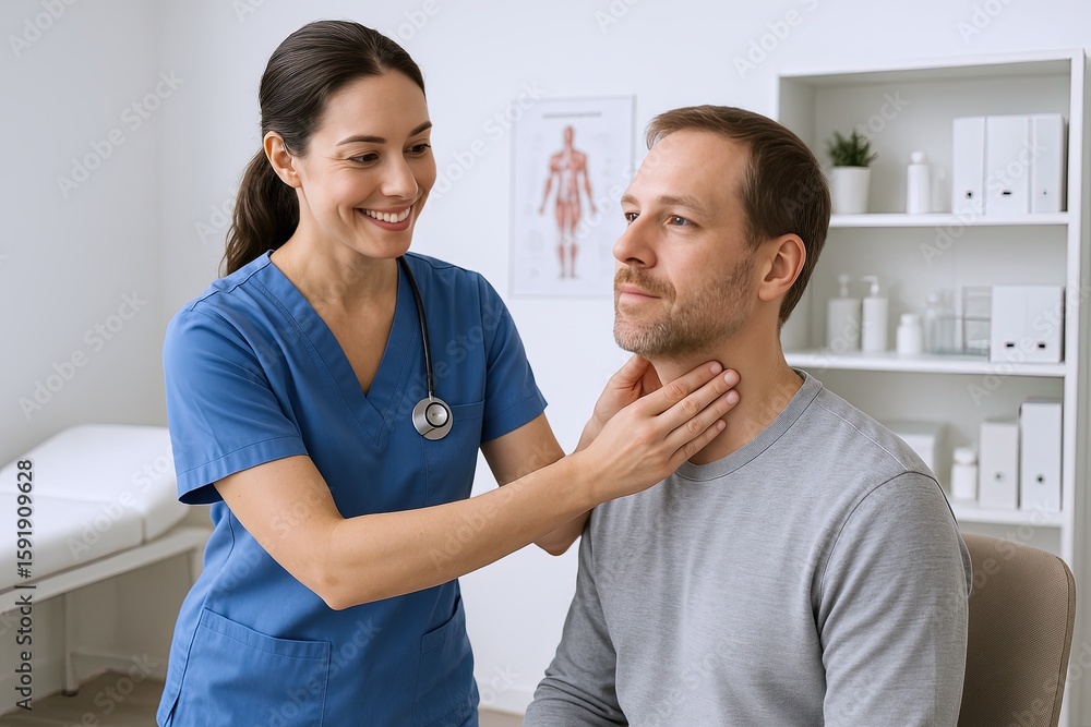 Obraz premium Healthcare professional performing a neck examination on a male patient in a medical clinic.