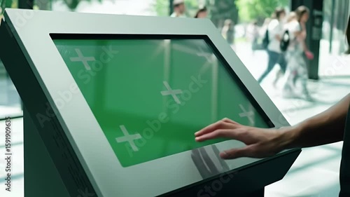 User Hand Interacting with Green Screen Touchscreen Kiosk in Modern Public Space for Technology Mockup and Information Display