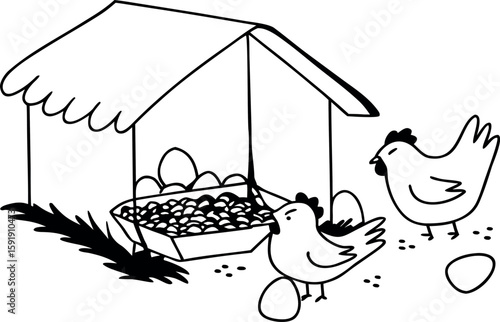 Black and White Chicken Coop with Hens and Eggs – Farm Illustration Vector