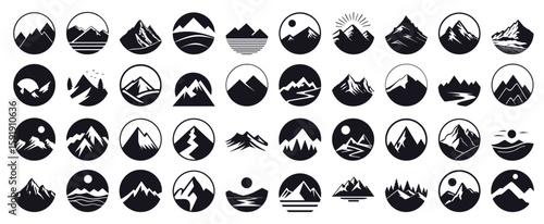 Mountain icons set. Black silhouette nature landscape logos. Travel  adventure badge designs. Vector round mountain peak emblems