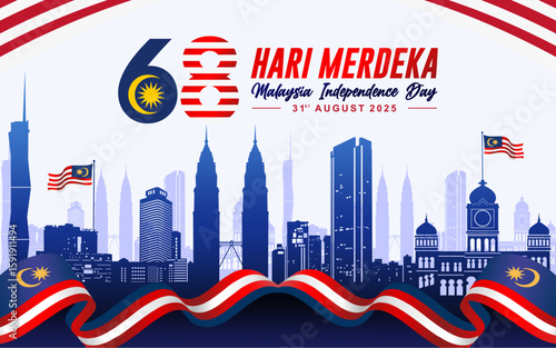 68th Malaysia "Merdeka Day" Means Independence Day 2025 greeting card, poster, banner, background, template. August 31st celebration of Hari Merdeka Malaysia national day.