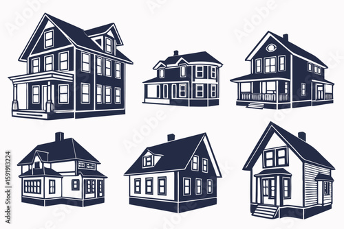 Collection of six stylized vintage american residential houses in silhouette