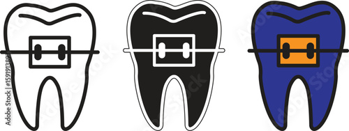 Tooth with braces icon representing orthodontic treatment, braces procedure or dental straightening with transparent background