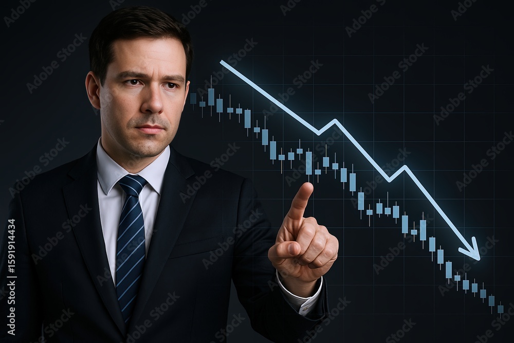 Business professional analyzing stock market decline with downward trend graph on dark background. Business professional analyzing stock market decline with downward trend graph on dark background.