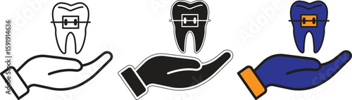 Hand holding tooth with braces icon representing orthodontist treatment service or teeth correction with transparent background