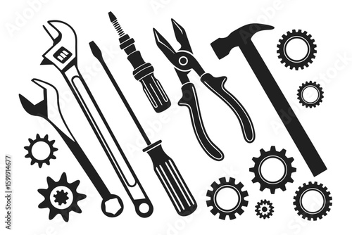 Collection of various hand tools and gears on a white background