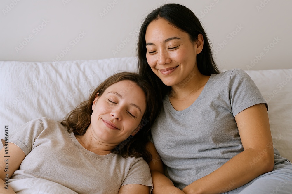 Happy diverse women relaxing sharing joyful moment lying on comfortable sofa together. Happy diverse women relaxing sharing joyful moment lying on comfortable sofa together.