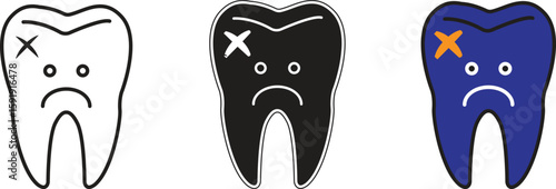 Sad tooth icon symbolizing dental pain, decay or cavity problem with transparent background
