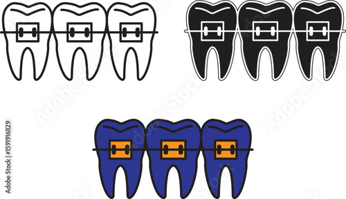 Three teeth with braces icon symbolizing orthodontics, dental alignment or braces treatment with transparent background