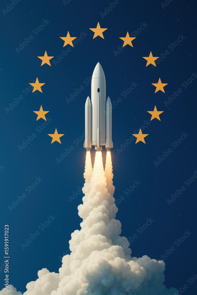 Naklejka premium Large white rocket launching into a dark blue sky with golden stars, surrounded by a ring of yellow stars representing the European Union, symbolizing space exploration and international collaboration