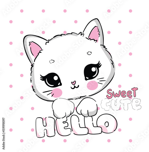 Hand Drawn cute cat sketch vector illustration, Kids Print design, children trend print on t-shirt
