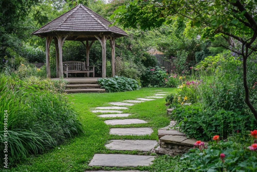 Garden with green lawn and round stone gazebo Garden with green lawn and round stone gazebo