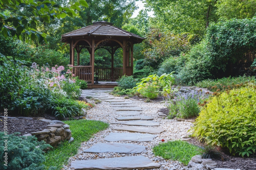 Peaceful park garden with stone path and flowers Peaceful park garden with stone path and flowers