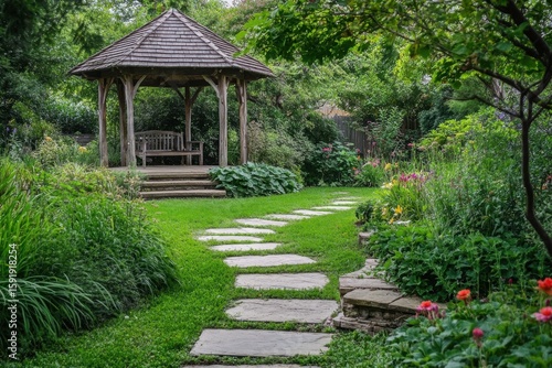 Garden with green lawn and round stone gazebo
