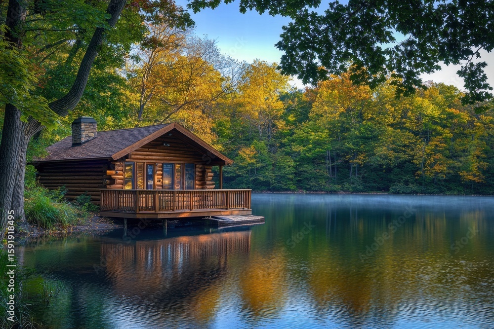 Obraz premium Lakeside wooden house in pine forest