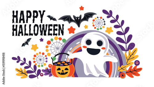 Happy halloween illustration with ghost, bats, pumpkin bucket, rainbow, stars, and festive decorations around it
