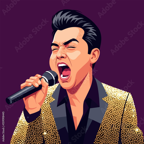 Energetic Male Singer in Glittering Gold Jacket Singing Into Microphone