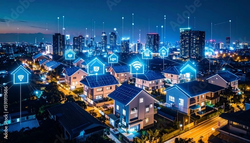 Fototapeta Naklejka Na Ścianę i Meble -  Aerial view of a city at night with smart homes