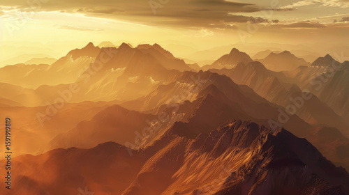 Mountain Peaks with Golden Hue, Generative AI Illustration