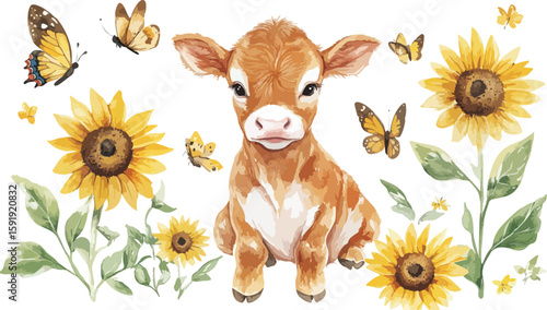 Watercolor Illustration of a Cute Calf with Sunflowers and Butterflies
