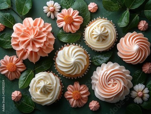 Deliciously Decorated Cupcakes with Cream Frosting and Floral Accents on a Green Background for Party and Celebration Design
