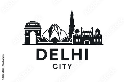 Delhi skyline with India Gate, Lotus Temple, and Qutub Minar