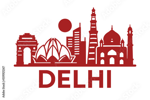 Delhi skyline with India Gate, Lotus Temple, and Qutub Minar