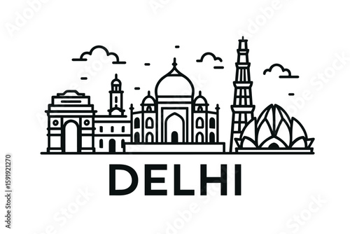Delhi skyline with India Gate, Lotus Temple, and Qutub Minar