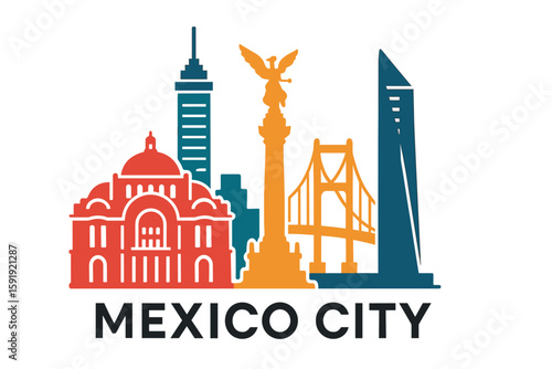 Mexico City skyline with Ángel de la Independencia and historic buildings