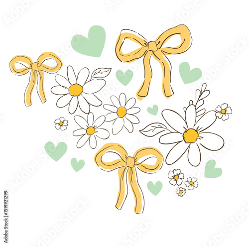 Hand drawn illustration cute flowers and bows vector 